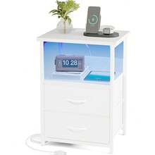 Mesita de noche con estación de carga, mesita de noche LED con 2 cajones de tela y estante de almacenamiento para dormitorio, mesita de noche con puerto USB y enchufe, adecuada para sala de estar / dormitorio - Blanco - Ver 12