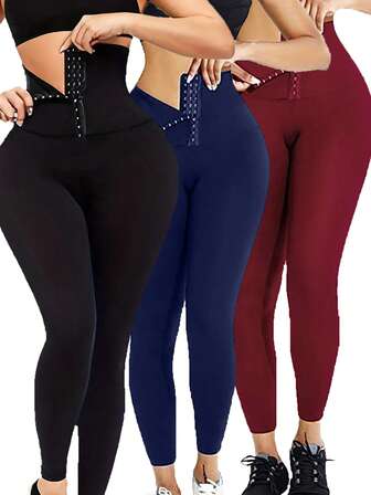 3 piezas Pantalones deportivos de yoga para mujer con cintura ajustable de botones de varios colores, mallas ajustadas para fitness y correr al aire libre, pantalones delgados de cintura alta de unicolor y ajuste ceñido