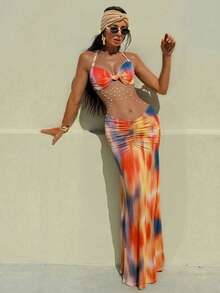 Women's Two Piece Maxi Skirt Sets Summer Beach Sexy Ruched Backless Pearls Chain Decor Crop Top And Cut Out Skirt - 橘色 - 查看 4