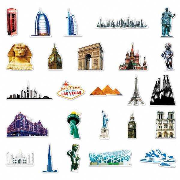 64pcs Landmark Building Graffiti Cartoon Stickers, DIY Notebook Laptop Bicycle Waterproof Car Decals