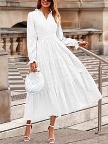 Women's  Fall Wedding Guest Dresses Long Sleeve V Neck Flowy Elegant Holiday Party Maxi Dress With Pockets - 白色 - 查看 2