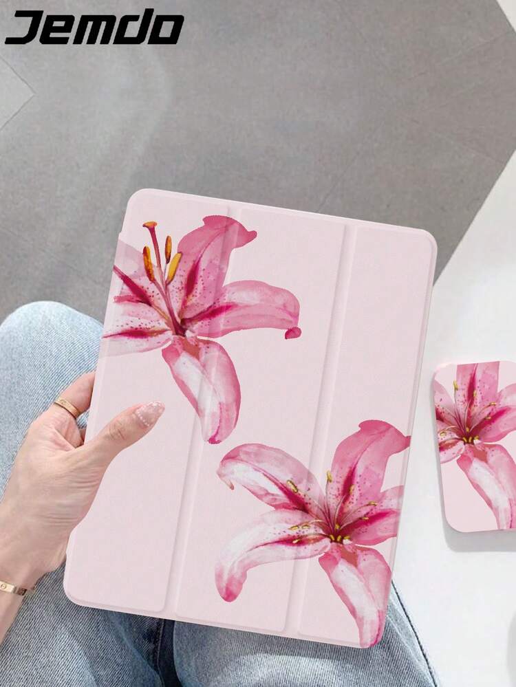 1 件水彩芙蓉花图案平板电脑保护壳，兼容 iPad 10.2 英寸、iPad Pro 2021/2020、iPad 第 9/10 代、iPad (A16) 11 英寸、第 11 代 2025、Galaxy Tab A8 10.5 英寸 2022、Matepad 10.4/Tab，防摔，带铅笔槽，支持睡眠/唤醒 - 彩色 - 查看 3