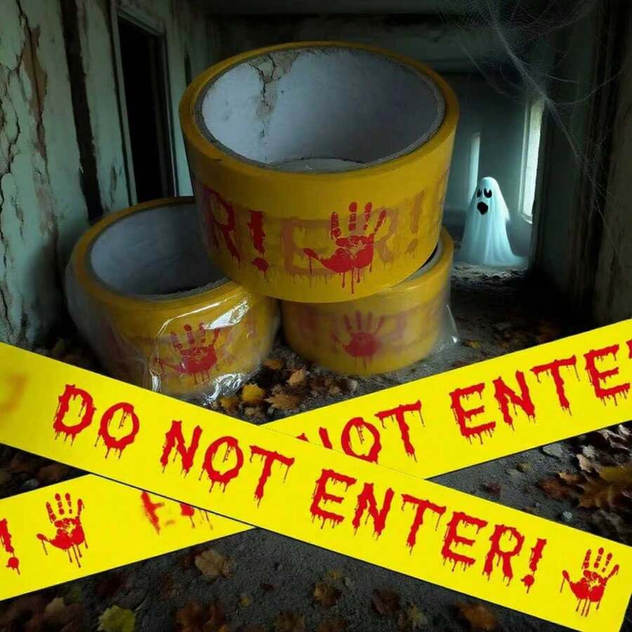 Halloween Absperrband Dekorationen - 1 Rolle gelb "NICHT BETRETEN" mit roten Bluthandabdrücken, gruselige Zubehörteile für Spukhaus, Friedhof, Party Dekoration - Verschiedenfarbig - Übersicht 1