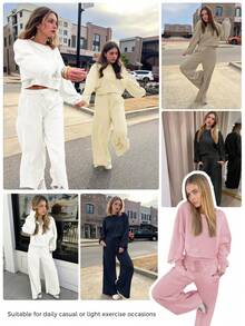 Fisoew Women Batwing Sweatshirt Wide Leg Pants Set Casual Fall Loungewear Two Piece Outfit Cozy Sweatsuit - Khaki - View 5
