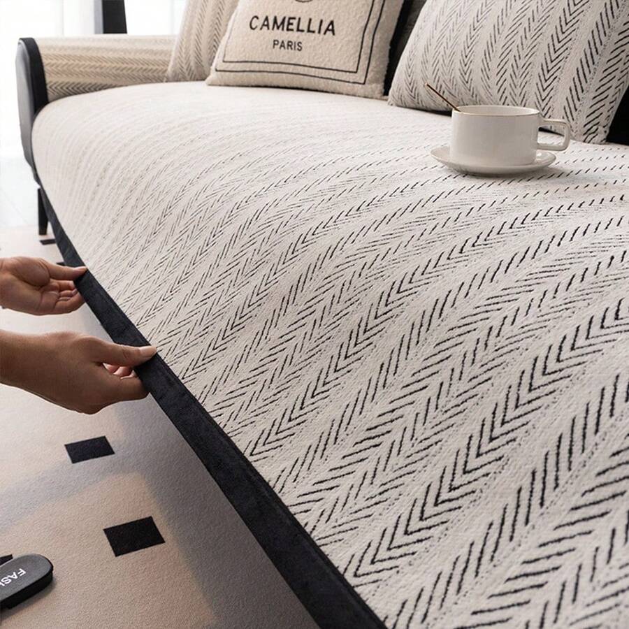 Capa para Sofá Chenille-Padrão Espinha de Peixe, Universal, Antiderrapante, Para Todas as Estações, Sala/Quarto/Escritór