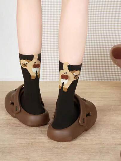 3 Pairs Random Cute Puppy & Egg Design Socks, Stylish & Sweet For Girls, Mid-Calf Socks