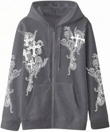 Women Men Y2K Zip Up Oversized Hoodie Gothic Graphic Emo Grunge Baggy Fleece 90s Punk Streetwear - 深灰色 - 查看 1