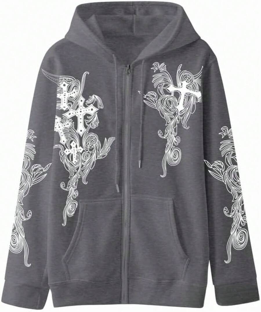 Women Men Y2K Zip Up Oversized Hoodie Gothic Graphic Emo Grunge Baggy Fleece 90s Punk Streetwear - 深灰色 - 查看 1
