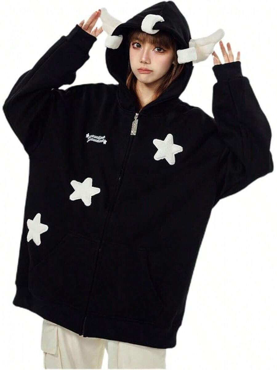 Women Cute Shark Hoodie Long Sleeve Blue Kawaii Animal Shark Shape Hooded Pullover Sweatshirts - 02-黑色 - 查看 1