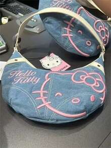 Sanrio 1 pieza Bolso cruzado de denim con bordado de Hello Kitty, bolso casual versátil para llevar debajo del brazo para mujeres