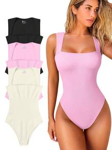 OQQ 3 Piece Bodysuits For Women Sexy Ribbed Strappy Square Neck Stretch Tank Tops Bodysuits - 黑,米,粉紅色 - 查看 1