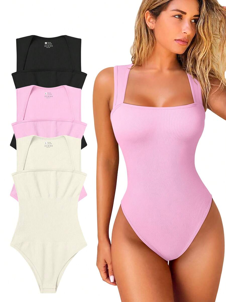 OQQ 3 Piece Bodysuits For Women Sexy Ribbed Strappy Square Neck Stretch Tank Tops Bodysuits - 黑,米,粉紅色 - 查看 1