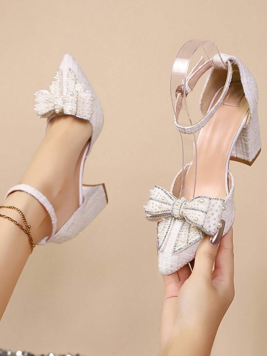 2025春夏新款尖头高跟凉鞋，镶钻蝴蝶结透明仙女法式风格，优雅女士高跟鞋，高贵典雅，适合婚礼穿着