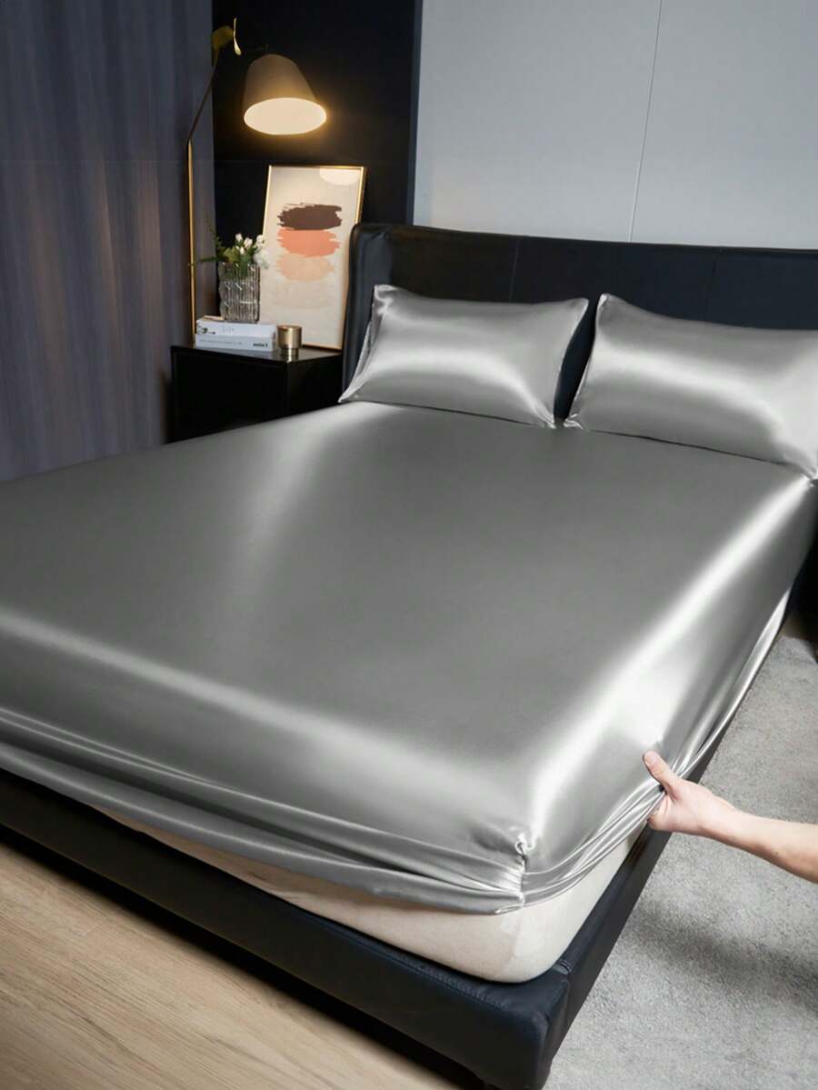South Life 2/3pcs Satin Bed Sheet Set, Fitted Sheet Set, Soft And Comfortable Bedding For Bedroom, Bedspread For Bedroom, 1pc Mattress Cover With 1/2pcs Pillowcase, Ultra Soft, Lightweight And Breathable Bed Sheet, Machine Washable, Perfectly Fits Twin Full King Queen All Size Bed, Independence Day Bedding, Bedding Gifts, - 灰色 - 查看 1