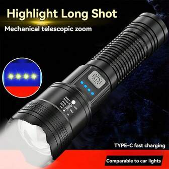 Linterna de largo alcance ultra, linterna para senderismo, luz de zoom, linterna recargable LED de alta luminosidad para camping y correr, linterna portátil impermeable para pesca y senderismo de emergencia al aire libre