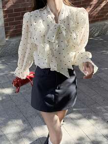 Summer New Ruffle Polka Dot Long Sleeve Blouse, Loose Bowknot Tie-Up Shirt TOPS For Women