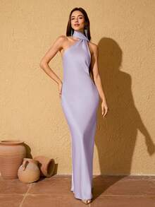 女士淡紫色无袖露背长款缎面伴娘礼服 - 紫丁香色 - 查看 4