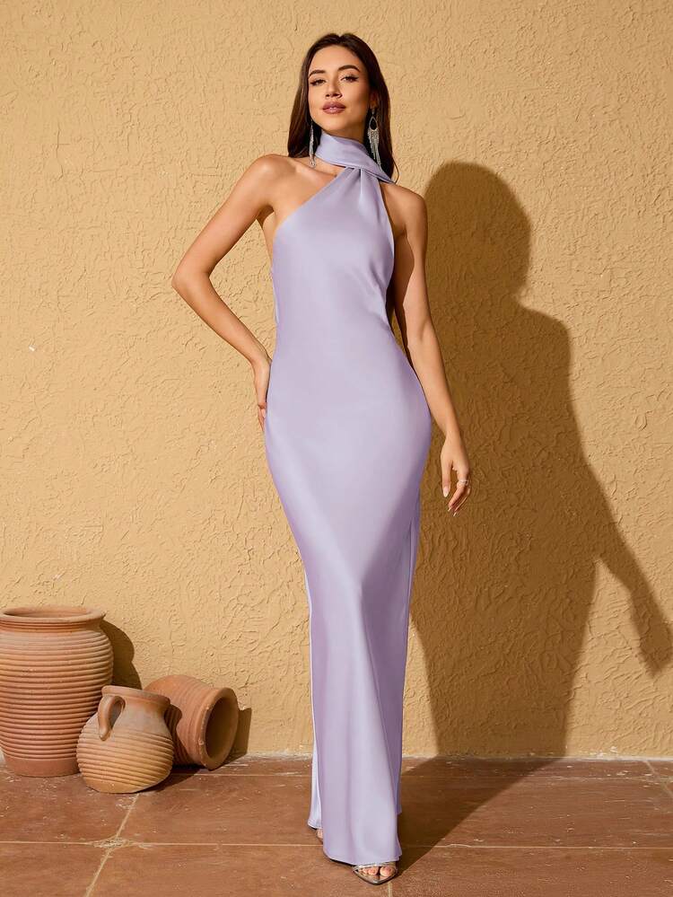 Váy phù dâu dài bằng vải satin không tay màu tử đinh hương cho nữ - Màu Lilac Tím - Xem 4