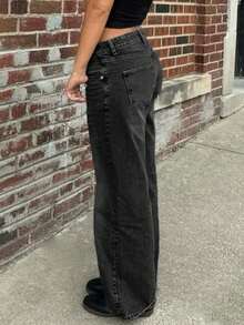 MYOURSA Quần Jeans Ống Rộng Baggy Cạp Thấp Phong Cách Đường Phố Thường Ngày Giặt Sạch Vintage - Màu xám đen - Xem 2