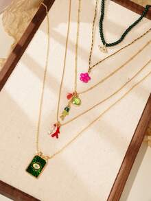 Bộ 5 vòng cổ nhiều lớp đính hạt cá, hoa, mắt phong cách Bohemian thủ công kèm ngọc trai giả, tua rua, vòng cổ Dopamine nhiều màu sắc dành cho nữ, thích hợp đeo hàng ngày và dự tiệc, mọi mùa - Nhiều màu - Xem 4