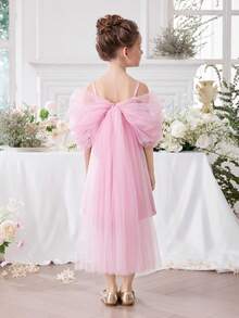 Young Girl Pink Sequin Mesh Cape Elegant Princess Dress, Suitable For Girls' Birthday Party, Banquet, Prom, Wedding Flower Girl Dress, Holiday Celebration - Pink - View 6