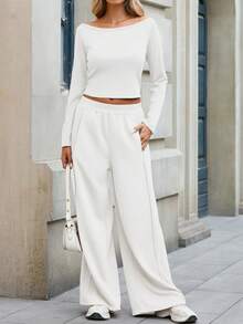 Fisoew Women Two Piece Set Off Shoulder Crop Top Wide Leg Pants Casual Lounge Wear Travel Outfit Long Sleeve Tracksuit - 白色 - 查看 3