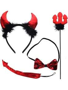 Halloween Demon Cosplay Props Accessories Set Halloween Party Demon Fork Headband Tail Ears Horns Red