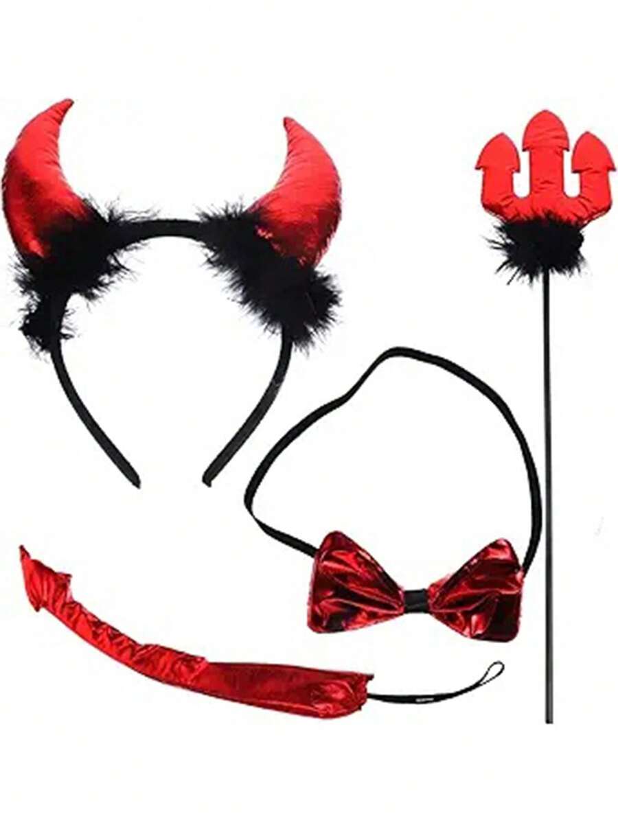 Halloween Demon Cosplay Props Accessories Set Halloween Party Demon Fork Headband Tail Ears Horns Red