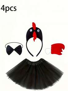 4件套女士可爱涤纶小鸡服装套装 - 3D头箍、领结、尾巴和裙子，适合各种嘉年华和派对装扮