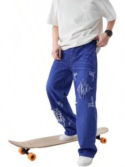 Men's Baggy Jeans Y2K Vintage Distressed Ripped Wide Leg Denim Pants Hip Hop Casual Loose Fit Streetwear Trousers