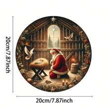 1 Aluminum Sign - Santa Claus Kneeling In Manger Scene, 8x8inch Round Metal Wall Decoration, Suitable Home, Bars, Cafes, Farmhouses -, Thanksgiving, Halloween Decoration And Holiday