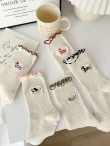 5 Pairs Lace Trim Cartoon Puppy Ruffle Ankle Socks, Random Assorted Delivery - Multicolor - View 2