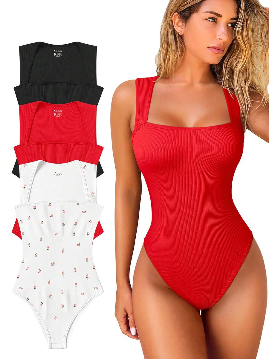 OQQ 3 Piece Bodysuits For Women Sexy Ribbed Strappy Square Neck Stretch Tank Tops Bodysuits - Black,Red,Rose White - View 1