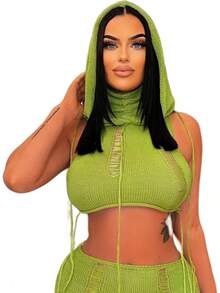 Women Knitted Hoodie Sweater Vest Sleeveless Hollow Out Hooded Crop Top Streetwear Rave Oufit - 綠色 - 查看 3