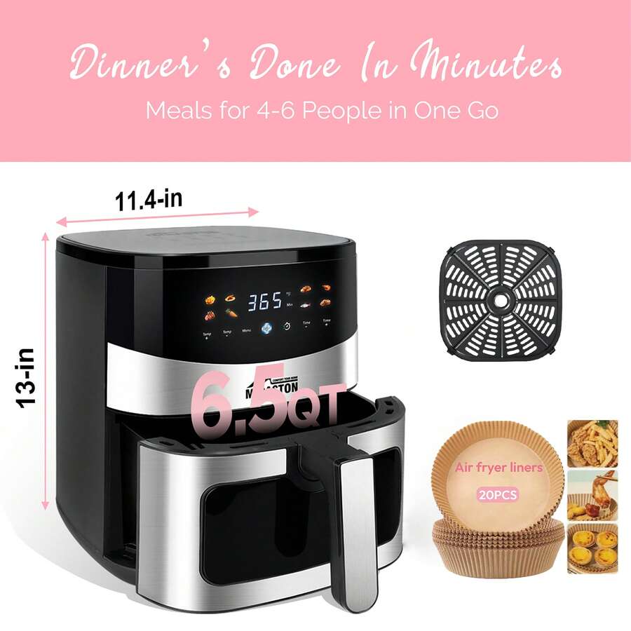 MIRASTON 6.5QT Digital Air Fryer W/ Visual Window – Great For Shoppers!Large Capacity Serves 4-8. Hassle-Free Cooking With 8 Presets & Manual Options For Meals, Snacks & Desserts. Silent Operation, Perfect For Families, Holidays & Mother's Day Gifts.5 Key Features: Smart Presets, Nonstick Basket, Easy Clean, Compact Design, Viewing Window. Whip Up Sweet Potato Fries In Minutes For Girls' Night! Ideal For Festive Occasions, Kitchens, Offices, Dorms, Apartments & Camping.A Must-Have Kitchen Appliance For Every Household! - Xem 1