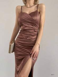 Elegant Satin Evening Dress With Rope Strap, Slit, Ruffle And High Leg Slit, Suitable For Parties And Weddings - Brown - View 3