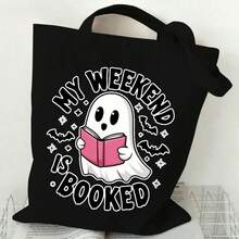 Halloween Book Lover's Tote Bag - Funny Reading Book Print My Weekend Is Booked - Spooky Open Top Shoulder Bag Women & Men - Washable Beige/Black Literary Design - Everyday, Weekend, Parties - Great Readers & Bibliophiles, Book Bag, Casual Carryall, Playful Graphic, Sturdy Construction, Bookish Accessory