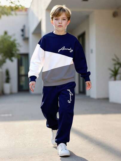 2pcs/Set Boys' Patchwork Color Letter Print Long Sleeve Sweatshirt And Drawstring Pants, Simple Casual Fashion Children Clothing For Spring, Autumn & Winter