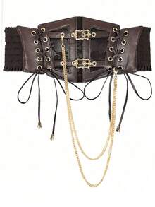 1pc Women's Coffee Brown Punk Style PU Leather Elastic Waist Belt With Chain Decor, Suitable For Halloween Party, Gathering Or Daily Wear