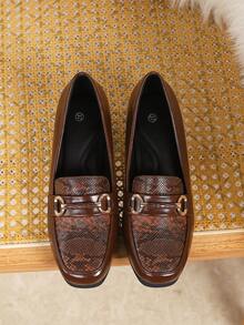 女士黑色粗跟礼服鞋，时尚英伦风方头工作鞋，优雅乐福鞋 - 咖啡色 - 查看 7