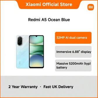 Redmi A5 Smartphone – 6.88" 120Hz Display Android 15 Go Edition 3GB+64GB UNISOC T7250 Octa-Core 32MP Camera 8MP Front Camera 5200mAh Battery Dual SIM Face Unlock Type-C Cheap Phone UK Version