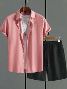 Men's Casual Short-Sleeved Lapel Shorts Set Comfortable Loose Shirt Set - 藕粉色 - 查看 1