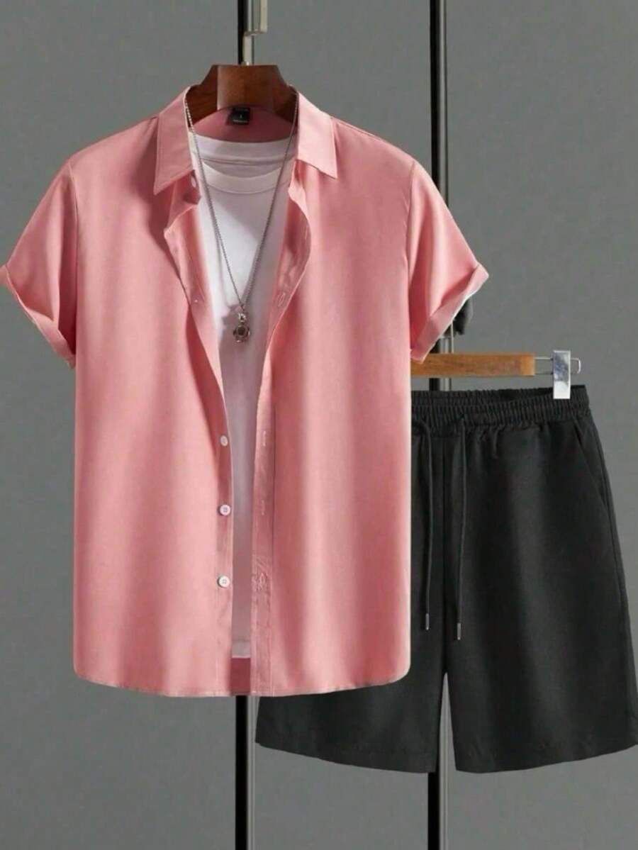 Men's Casual Short-Sleeved Lapel Shorts Set Comfortable Loose Shirt Set - 藕粉色 - 查看 1