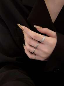 4pcs Fashionable Simple Personalized High-End Minimalist Style Plain Circle Rings Set - Silver - View 3