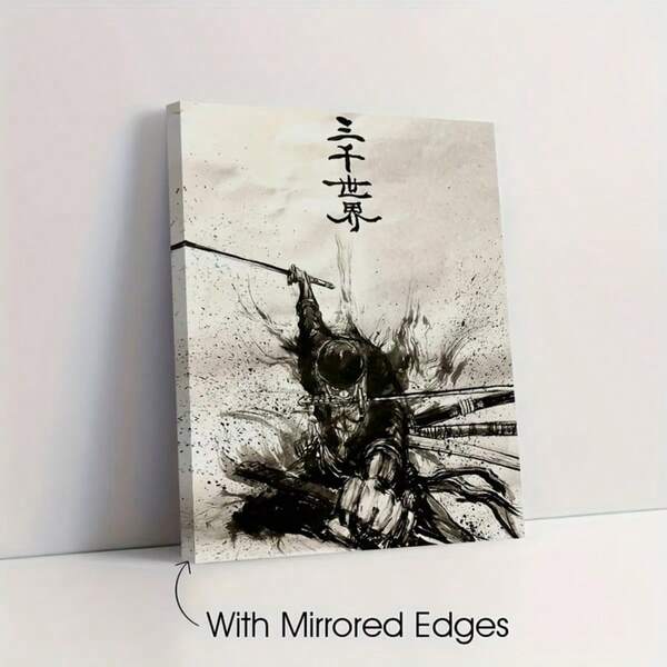 A Canvas Print Poster With A Wooden Frame Featuring Anime Art Of Pirate Zoro, Premium Gallery-Wrapped Canvas Decor For Home Wall Art, Suitable For Various Settings Like Offices, Living Rooms, Bedrooms, Bathrooms, And Cafes, Complete With Hooks For Hanging. An Ideal Gift For Indoor Wall Portrait Decoration.