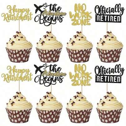 12/24 件快乐退休纸杯蛋糕装饰物、退休装饰物、退休纸杯蛋糕食物签、正式退休蛋糕装饰物、退休告别派对装饰物，黑色和金色