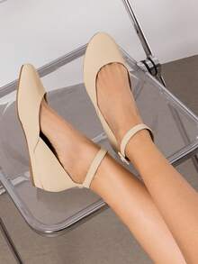 Women's Ballet Flats Low Wedge Ankle Buckle Strap Dress Office Shoes - Apricot Nubuck - View 9
