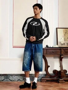 男士宽松针织长袖套头衫，街头风格 - 黑色 - 查看 3