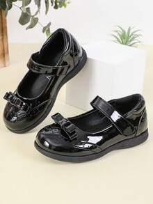 1 Pair Fashionable Solid Color Cute Bow Accent Flat Shoes, Suitable For School, Commuting, All Seasons - glossy black - View 1