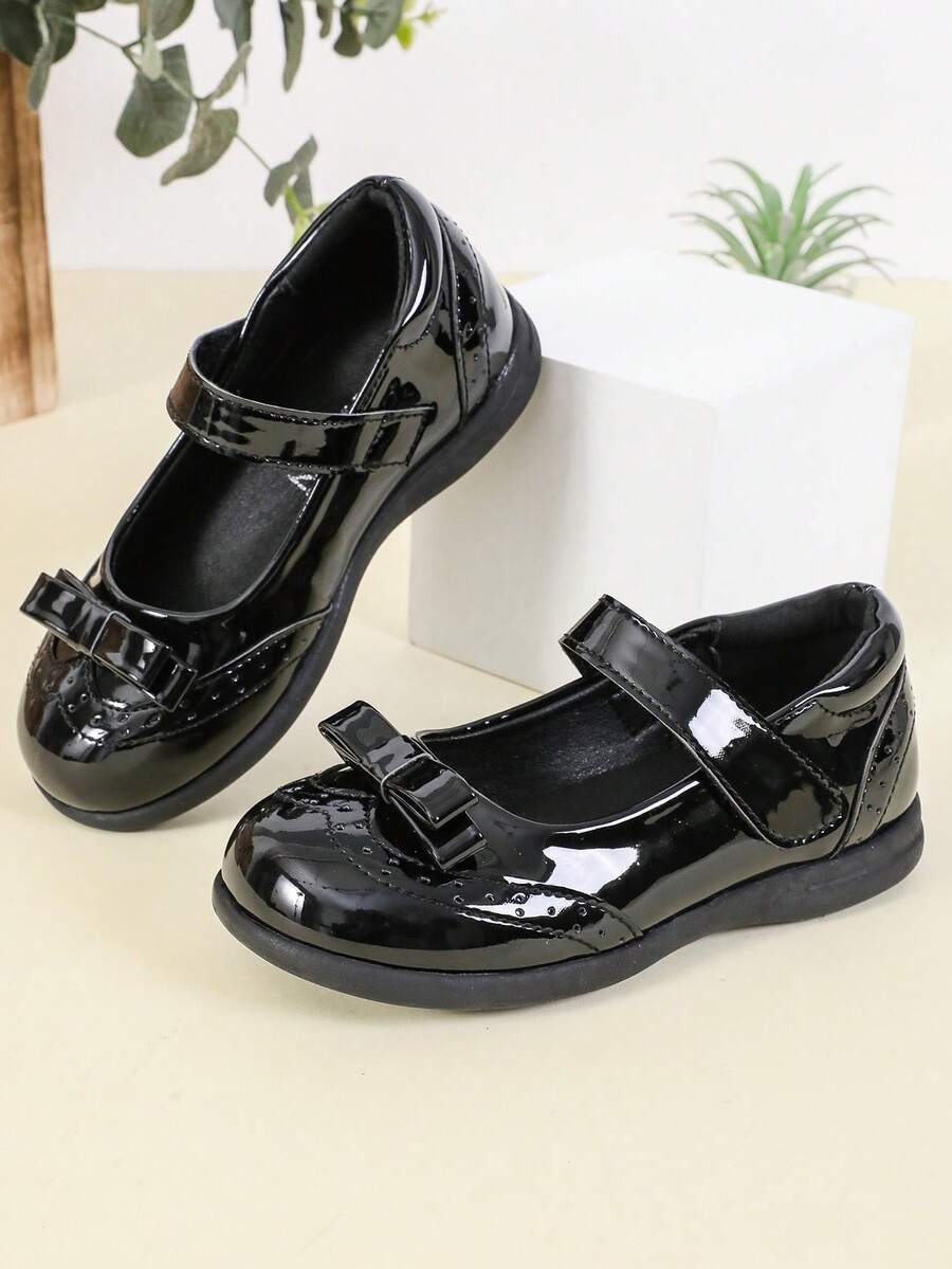 1 Pair Fashionable Solid Color Cute Bow Accent Flat Shoes, Suitable For School, Commuting, All Seasons - glossy black - View 1
